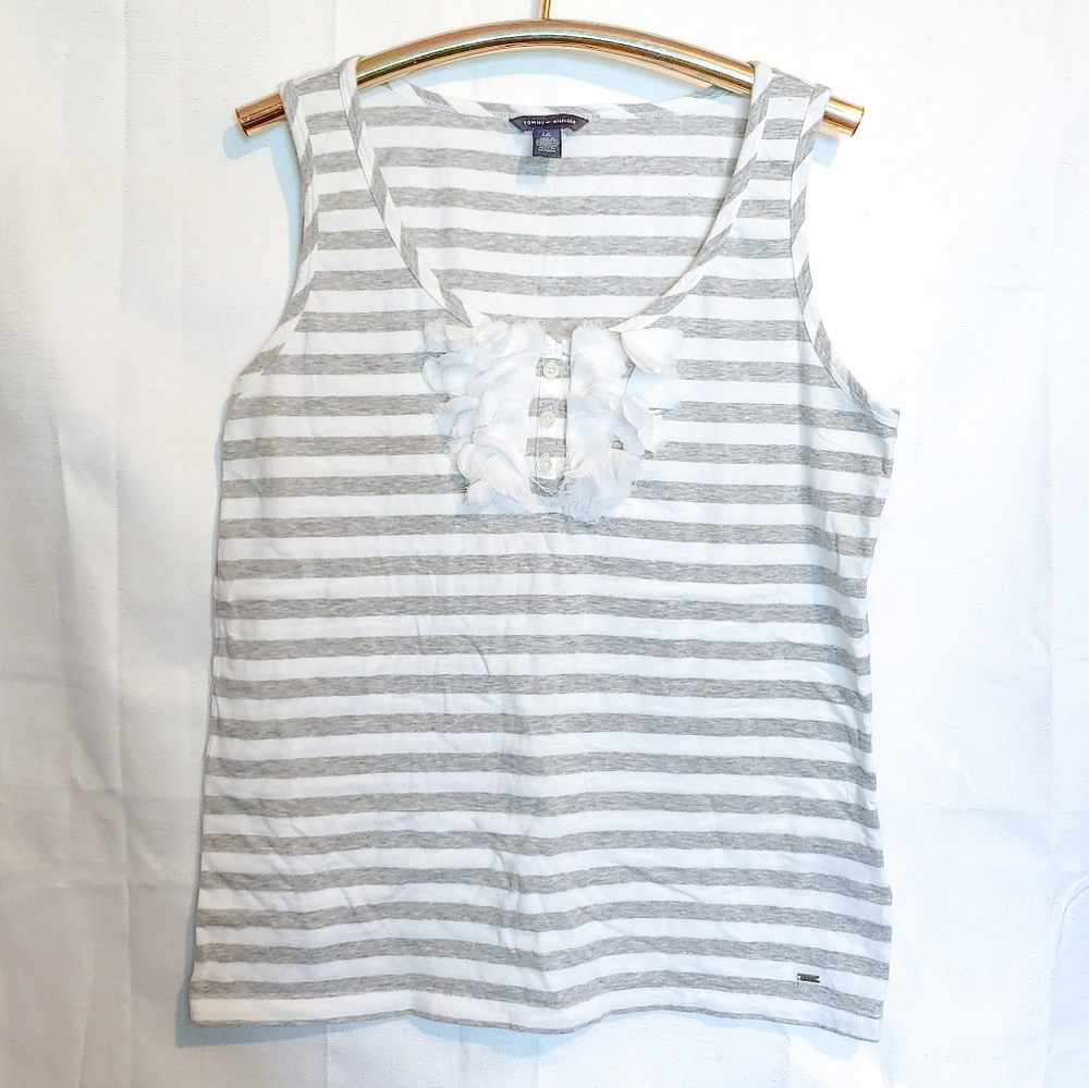 Tommy Hilfiger Striped Ruffle Tank White Gray L
